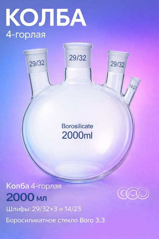 Колба круглодонная 2000 мл, 4 горла | BORO 3.3 | шлиф 29/32 и 14/23