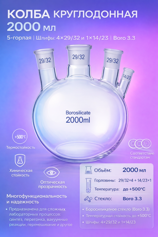 Колба круглодонная 2000 мл, 5 горл | BORO 3.3 | шлиф 29/32 и 14/23