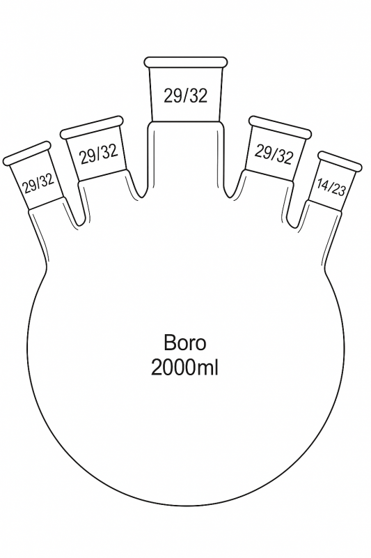 Колба круглодонная 2000 мл, 5 горл | BORO 3.3 | шлиф 29/32 и 14/23